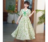 Vestido largo de verano de gasa con estampado floral y mangas cortas para niña - Nuevo estilo princesa 150 cm verde