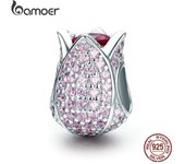BAMOER Romantic 925 Sterling Silver Tulip Flower Petals Pink CZ Beads fit Women Bracelet & Necklaces SCC569
