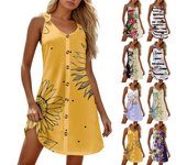 Vestidos de verano para mujer, estilo bohemio, para playa, sin mangas, con estampado de camiseta, vestidos de verano S azul