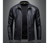 Chaqueta de cuero para hombre, chaqueta fina de moda, ropa de moto para hombre, chaqueta de cuero de cuello alto de talla grande M negro