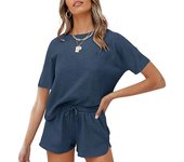 Conjunto de 2 piezas para mujer, primavera, mujer, canalé, manga corta, para el hogar, dos trajes de ocio de color puro, conjunto deportivo XS