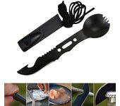 Herramientas de supervivencia al aire libre Cuchillo silbato multifuncional Cuchillo para acampar 7 en 1 Cuchillo Tenedor Cuchara Cuchillo para acampar para supervivencia en la naturaleza negro