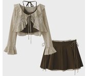 Nueva tendencia de otoño: Conjunto de chaqueta de encaje, top de tirantes y falda plisada con tiras para mujer S