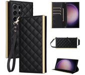 Cartera con tapa magnética y ranura para tarjetas, funda de cuero para Pc para Samsung Galaxy S24 S22 Ultra Plus S23 S21 S20 Fe, funda de Tpu con cordón Samsung Galaxy S24 Ultra negro