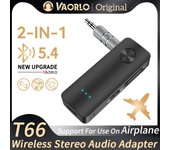 Receptor y transmisor de audio Bluetooth 5.4 2 en 1, adaptador inalámbrico estéreo de alta fidelidad con entrada auxiliar de 3,5 mm y micrófono para coche, avión, TV, PC y altavoz. T66