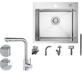 Fregadero de cocina de un solo seno de 50 x 45 cm de acero inoxidable cepillado, grifo mezclador extraíble con 2 funciones de rociado