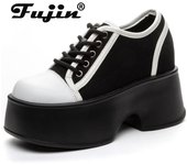 Fujin 11cm Vaca Gamuza Cuero Genuino Plataforma Cuña Cómodas Moda Chunky Zapatillas Zapatos Zapatillas Verano Mujeres Botines Zapatos 33 blanco