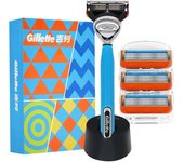 Gillette Maquinilla de afeitar para hombre Blue Fusion, 1 mango, 4 cabezales de afeitado, 1 soporte, banda de lubricación, 10 capas de aletas protectoras y mango antideslizante azul