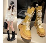 Botas modernas de tacón cuadrado hasta la rodilla para mujer, zapatos de invierno de tacón alto liso con cordones para mujer, botas de PU de goma con punta redonda 37 amarillo