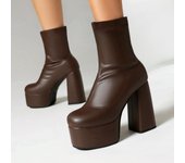 Krazing Pot Zapatos de otoño-invierno de PU, tacones altos gruesos, botas impermeables de gran tamaño, punta redonda, abrigadas, sin cordones, talla 48, botines 34 negro