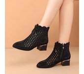 Botas de tacón alto con cordones transpirables para mujer, botas puntiagudas de malla a la moda, zapatos de tacón cuadrado con cremallera lateral para mujer, verano 2024 35 negro