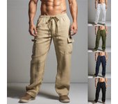 Pantalones de lino para hombre, informales, sueltos, ligeros, con cordón, cintura elástica, para verano, yoga, playa, pantalones rectos para hombre, pantalones transpirables con bolsillos S blanco