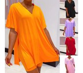 Chándal Casual Color sólido Cuello en V Manga murciélago Blusa dividida Pantalones cortos Trajes de dos piezas XL negro