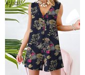 ZANZEA Mono corto con estampado floral informal sin mangas con cuello en V de verano para mujer M rojo