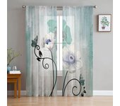 Cortinas para sala de estar de tul con flores y mariposas de acuarela, cortinas transparentes para dormitorio, cocina, cortinas de gasa 135W x 114H(cm)