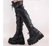 Botas altas góticas hasta el muslo para mujer, botas de plataforma con cuña para motocicleta, botas por encima de la rodilla, tacones de stripper estilo militar, punk, con cordones y hebilla de cinturón, largas 35 negro