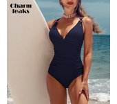 Charmleaks-bañador de una pieza para mujer, traje de baño Sexy con escote en V profundo, Monokini fruncido de corte alto, traje de baño cruzado de Color sólido L rojo