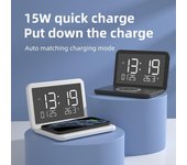 Cargador inalámbrico plegable multifunción con espejo, reloj despertador LED digital, almohadilla de carga inalámbrica para teléfono, calendario perpetuo y termómetro. negro