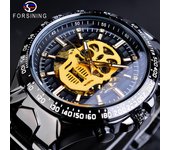 Reloj Automático FORSINING para hombre, correa de acero, esqueleto, relojes mecánicos con calavera, reloj de pulsera de lujo de marca negro