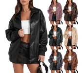 Chaqueta informal de cuero PU con bolsillos laterales y solapa con cremallera y manga larga de color liso para mujer L negro