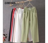 Pantalones de verano para mujer, pantalones casuales de lino y algodón, pantalones rectos sueltos, pantalones Haren de nueve puntos S blanco