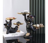Estatua de perro de resina para decoración de habitación, escultura de mayordomo con 2 bandejas para almacenamiento, figura de bulldog francés para decoración del hogar, adornos de mesa negro