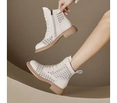 Botas huecas de cuero genuino retro para mujer con suela gruesa y cordones, zapatos casuales coreanos con cremallera para mujer 35