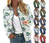 Chaqueta de mujer de manga larga ligera con cremallera, corta, con estampado floral, chaqueta acolchada informal con bolsillos S verde