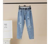 Vaqueros rectos, holgados, de cintura alta y rotos con lavado claro para mujer: pantalones harén adelgazantes perfectos para primavera y verano. XL azul claro