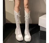Venta caliente de verano de color sólido con punta redonda y tacón cuadrado de malla con cordones y cremallera trasera transpirable para mujer, sandalias altas, botas 35