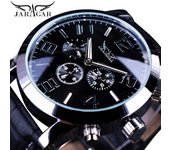 JARAGAR camiseta nueva para hombre, reloj mecánico automático multifunción negro, reloj con correa de cuero informal a la moda de seis pines para hombre negro