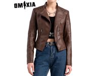 GMXIA Vestido de cuero para mujer, de primavera y otoño, con estampado de colores sólidos, chaqueta corta para mujer, chaquetas y abrigos ajustados de manga larga con cuello tipo polo S negro