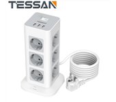 Regleta de alimentación de torre TESSAN, enchufe Vertical múltiple con interruptor, 8/12 enchufes, 3 puertos USB, Cable de 2M, protección contra sobretensiones para el hogar y la Oficina 8 Outlet & 3 USB Ports gris