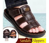 Sandalias de cuero antideslizantes para hombre, zapatillas de playa cómodas e informales, chanclas para hombre, zapatos de playa de cuero genuino, moda de verano 44 negro