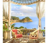 Mural de papel pintado fotográfico 3D de Seaside Castle Town, paisaje marino, balcón, jardín, murales de pared 3D extraíbles para fondo de habitación y decoración de arte de pared 200 cm(W) x 140 cm(H)