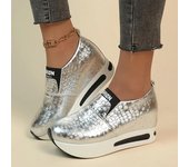 Zapatillas de deporte con plataforma de piel sintética plateadas a la moda para mujer, zapatos deportivos informales antideslizantes con suela gruesa, mocasines sin cordones de talla grande para mujer 35 marrón