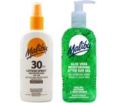 Malibu spf30 spray resistente al agua 200ml + gel de aloe después del bronceado 200ml