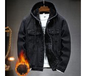 Chaqueta vaquera con capucha retro de otoño e invierno para hombre, abrigo con capucha y cortavientos de terciopelo grueso y cálido para hombre S negro