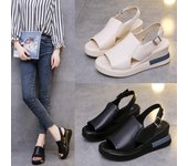 Sandalias de tacón alto de verano Sandalias de boca de pez de suela gruesa de cuero suave con cuña para mujer 40 negro