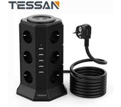Regleta de enchufes múltiples TESSAN con 11/12 salidas 3/5 puertos USB Enchufe de extensión de enchufe de la UE con cable de 2M Interruptor de protección contra sobrecarga para el hogar, la oficina 3 Outlets & 3 USB Ports negro