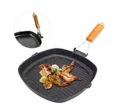 Sartén para carne, parrilla portátil antiadherente de hierro fundido, plancha cuadrada profunda con asas de madera plegables.