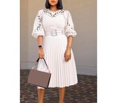 AOMEI-vestidos blancos elegantes de encaje, cintura alta, línea A, calados, para oficina, fiesta diaria, plisado, vestido de verano con cinturón S blanco