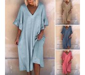 Vestido de verano para mujer, cuello en V, volantes, puños de retazos, suelto, color sólido, corte en A, gran vuelo, mangas medias de cuerno, jersey informal, uso diario, vestido midi 3XL rosa oscuro