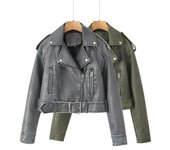 Chaqueta de cuero sintético para mujer, abrigo corto con solapa y cinturón con cremallera, color negro, para otoño XXS verde oliva