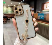 Funda de teléfono con pulsera de flores y perlas de diamantes con revestimiento de lujo para iPhone 11 12 13Mini 14 Pro Max X XR XS 7 8 Plus SE Funda con correa de cadena For iPhone 11