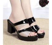 Sandalias retro para mujer, zapatillas de plataforma de tacón alto de verano, sandalias casuales cómodas con punta abierta de cuero brillante a la moda para mujer 35 negro