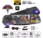 Espejo retrovisor DVR para coche de 4,3 pulgadas, grabadora de conducción, cámara de grabación en bucle con lente simple y doble delantera y trasera, 1080p, con marcha atrás negro