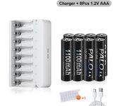 PALO Batería recargable AAA de 1,2 V, pilas AAA NIMH de 1100 mAh, baja autodescarga, pilas AAA + pilas AAA AA NI-CD NI-MH de 1,2 V, cargador de batería LCD