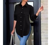 Cárdigan de poliéster dulce nuevo de otoño e invierno para mujer, camisa de cuello POLO, camisa ajustada de manga larga S negro