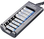 Cargador de batería inteligente de 8 ranuras para baterías recargables AA/AAA Ni-MH de 1,2 V, conexión USB y uso enchufable negro